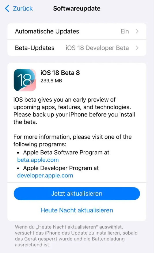 兴安苹果手机维修分享苹果 iOS / iPadOS 18 开发者预览版 Beta 8 发布 